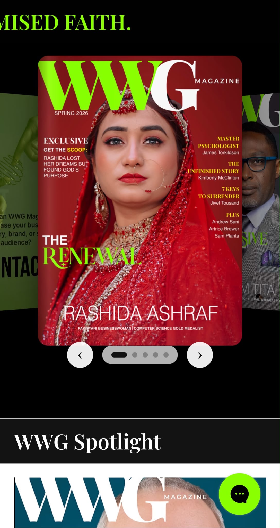WWG Magazine cover carousel on mobile, the current issue centred with the previous and next covers peeking in at either edge, paging dots beneath